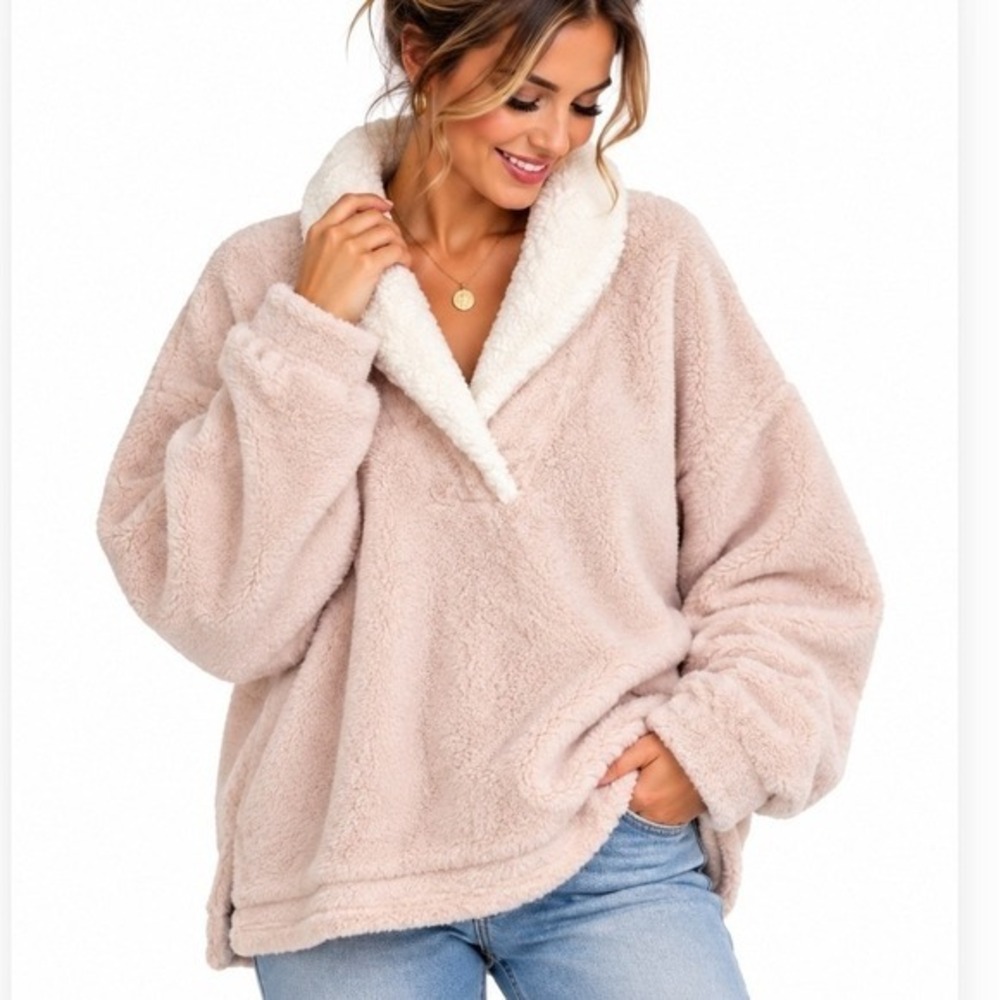 Women's Blush Pink Teddy Sherpa Fleece Pullover Cozy Oversized Size Large